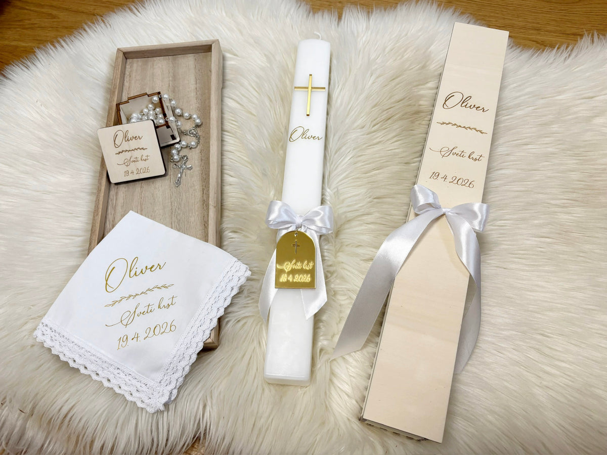 Personaliziran krstni komplet - white satin