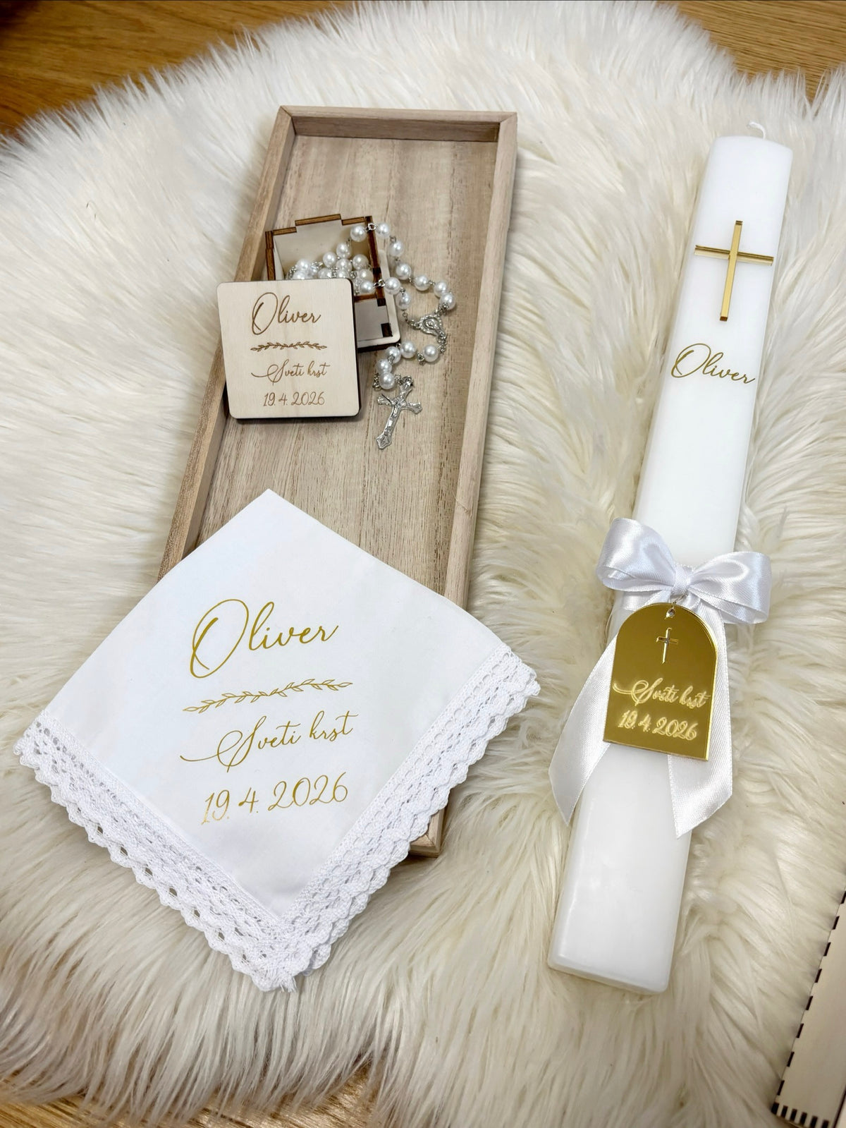 Personaliziran krstni komplet - white satin
