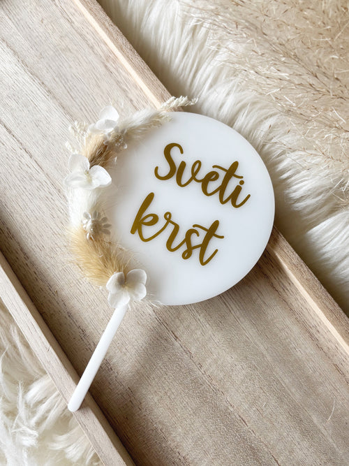 Akrilni cake topper s suhim cvetjem - krog