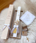 Personaliziran krstni komplet - white satin, s suhim šopkom